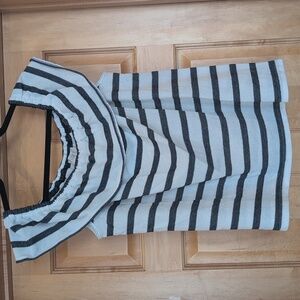 Off the Shoulder Blouse Ruffle Neckline Top White Navy Stripe Extra Large